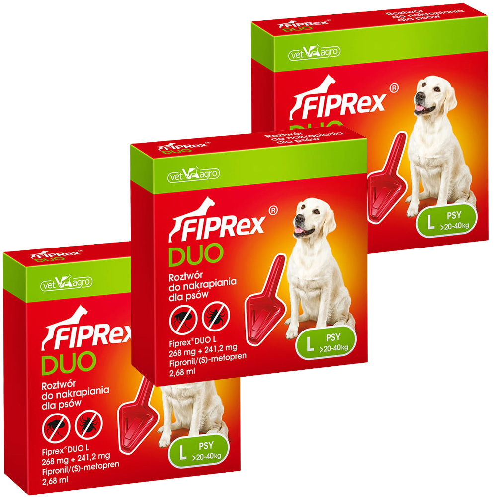 Fiprex DUO L KROPLE na Pchły Kleszcze dla Psa 20-40kg Ochrona na 90 dni